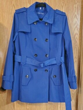 Calvin Klein Women's Blue Double-Breasted Belted Trench Coat Size M